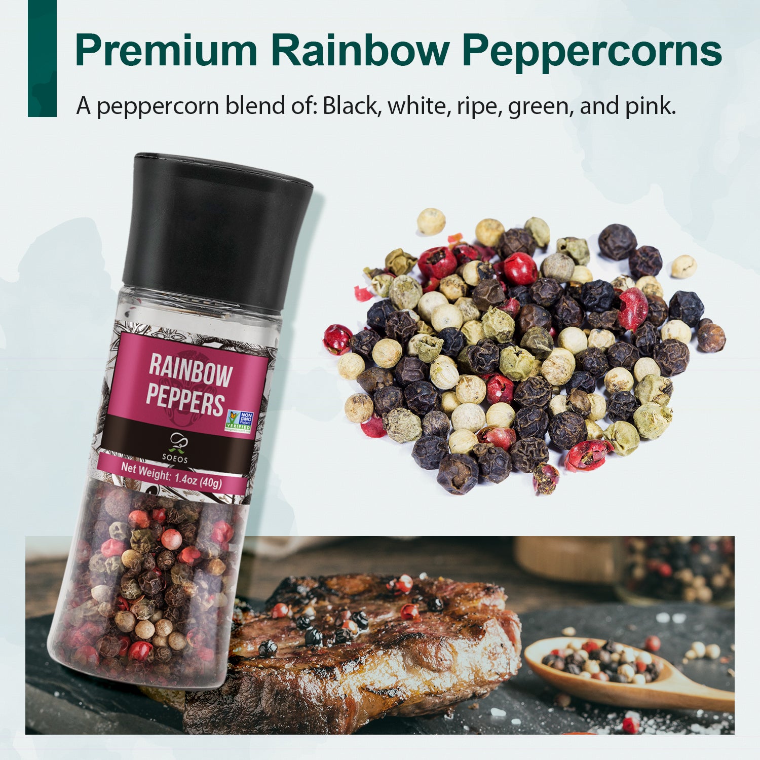 Black Peppercorns, 1.4oz+ White Sea Salt, 3.5oz + Rainbow Peppercorns, 1.4oz + Pink Salt, 3.5 oz
