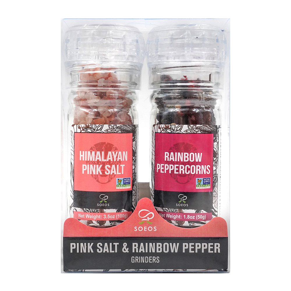 Rainbow Peppercorns 50g + Pink Salt 100g (100ml Grinders, Glass Bottle)