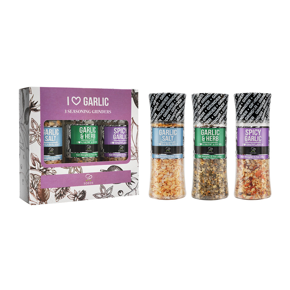 I Love Garlic Spice Seasoning Set of 3 with Integrated Grinders.