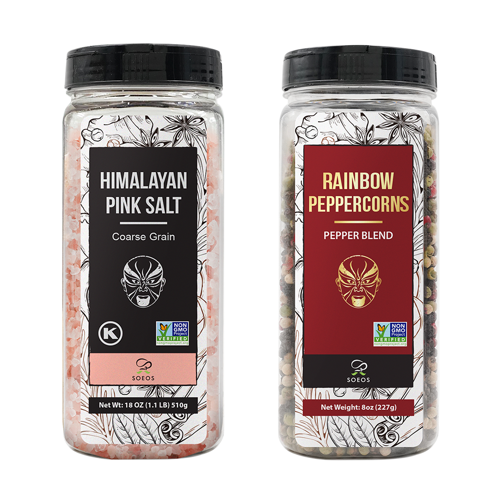 Himalayan Pink Salt 18oz + Rainbow Peppercorns 8oz.