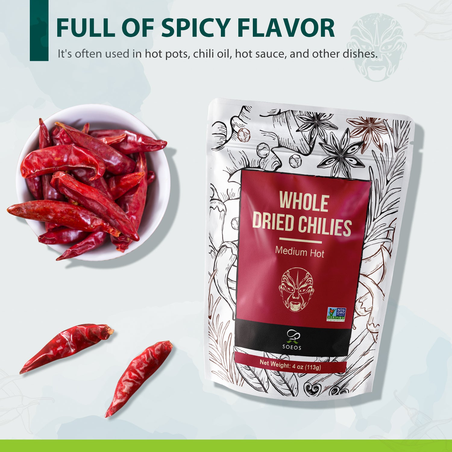 Whole Dried Chili Peppers (Medium Spicy), 4oz