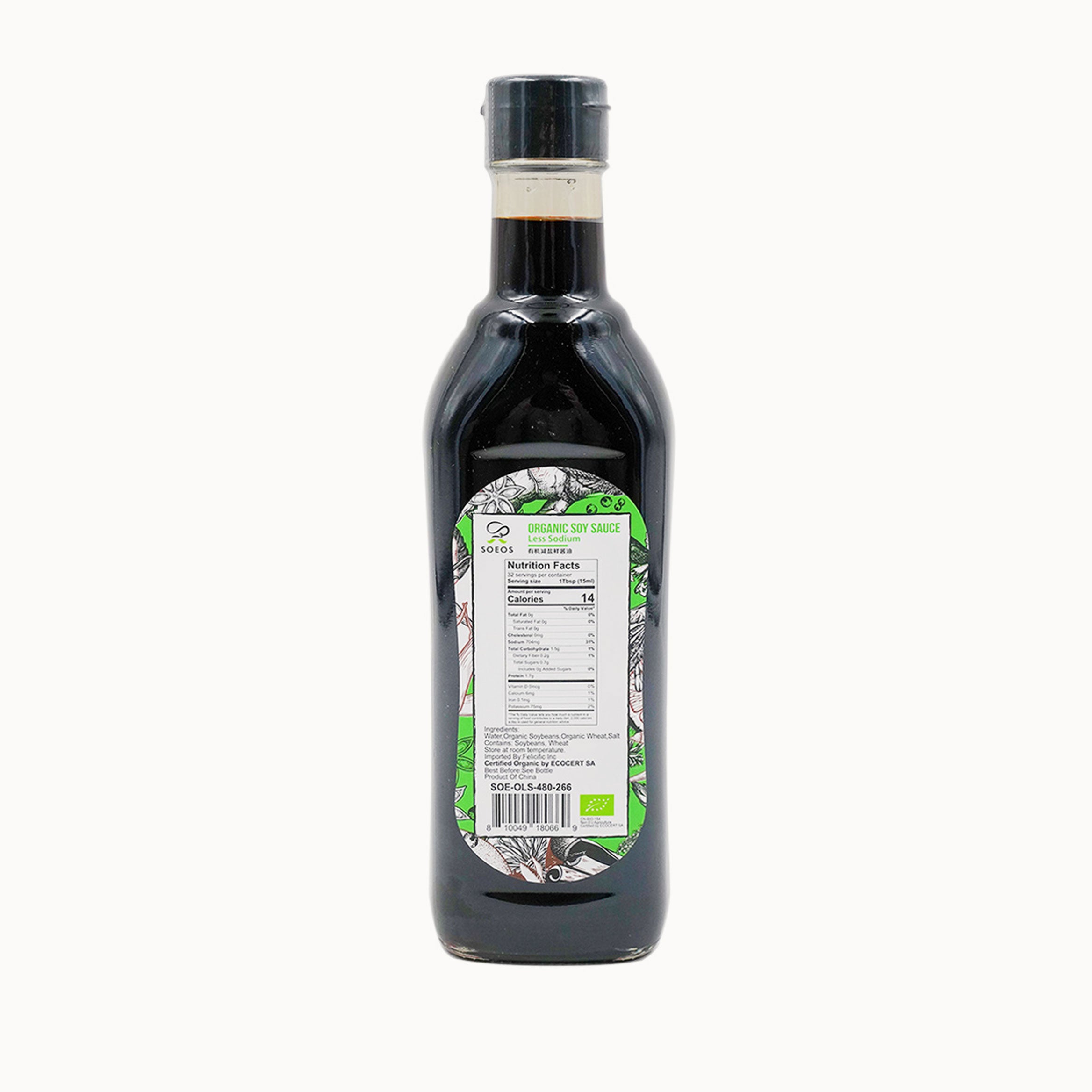 The nutrition facts label of Soeos low sodium soy sauce.