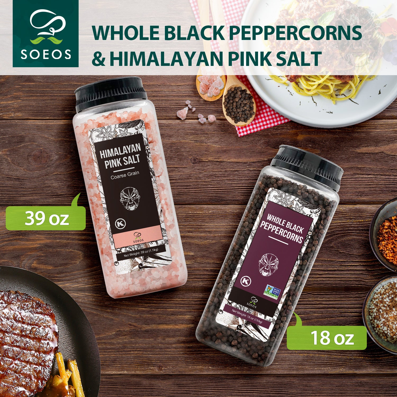 Himalayan Pink Salt 39 oz + Whole Black Peppercorns 18 oz