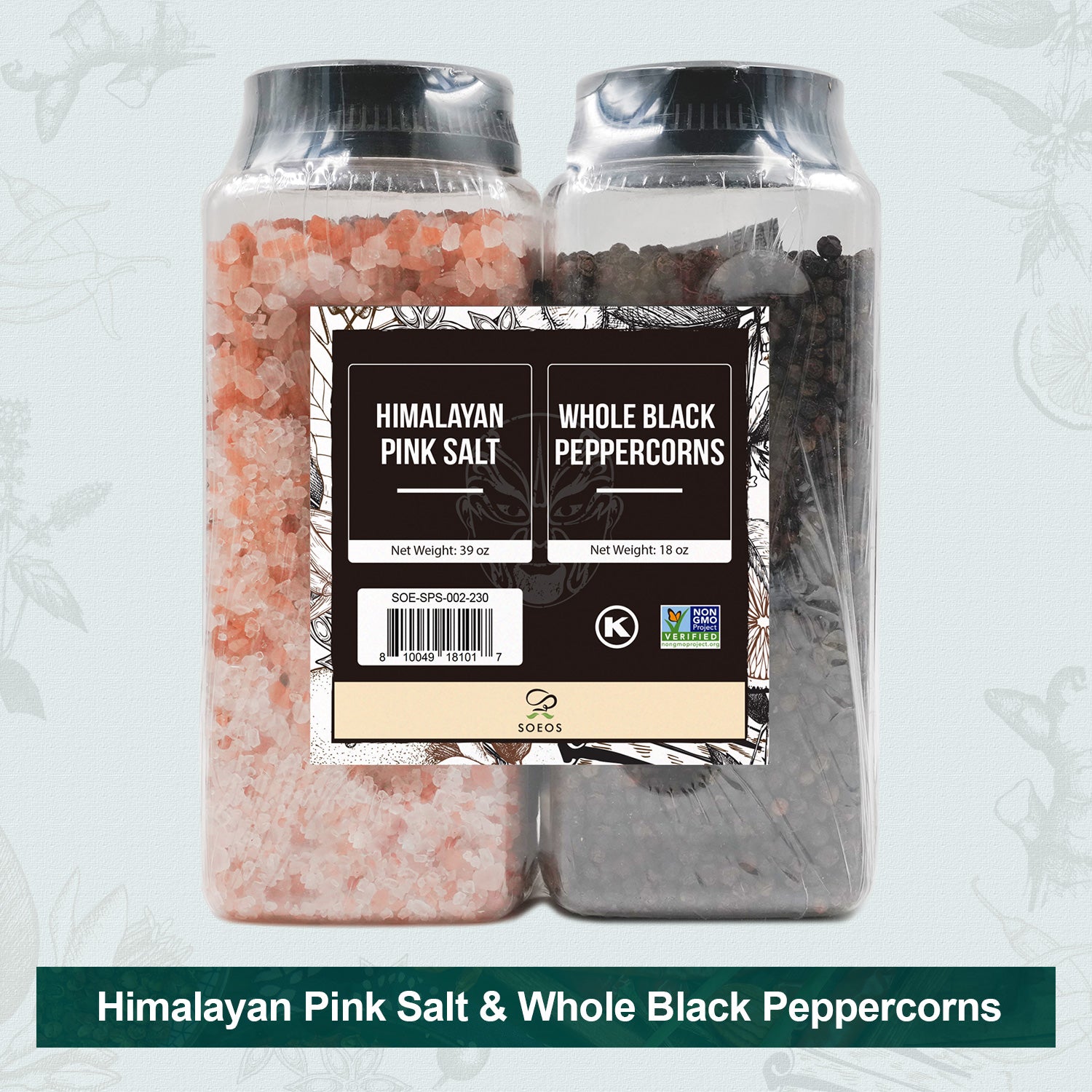 Himalayan Pink Salt 39 oz + Whole Black Peppercorns 18 oz