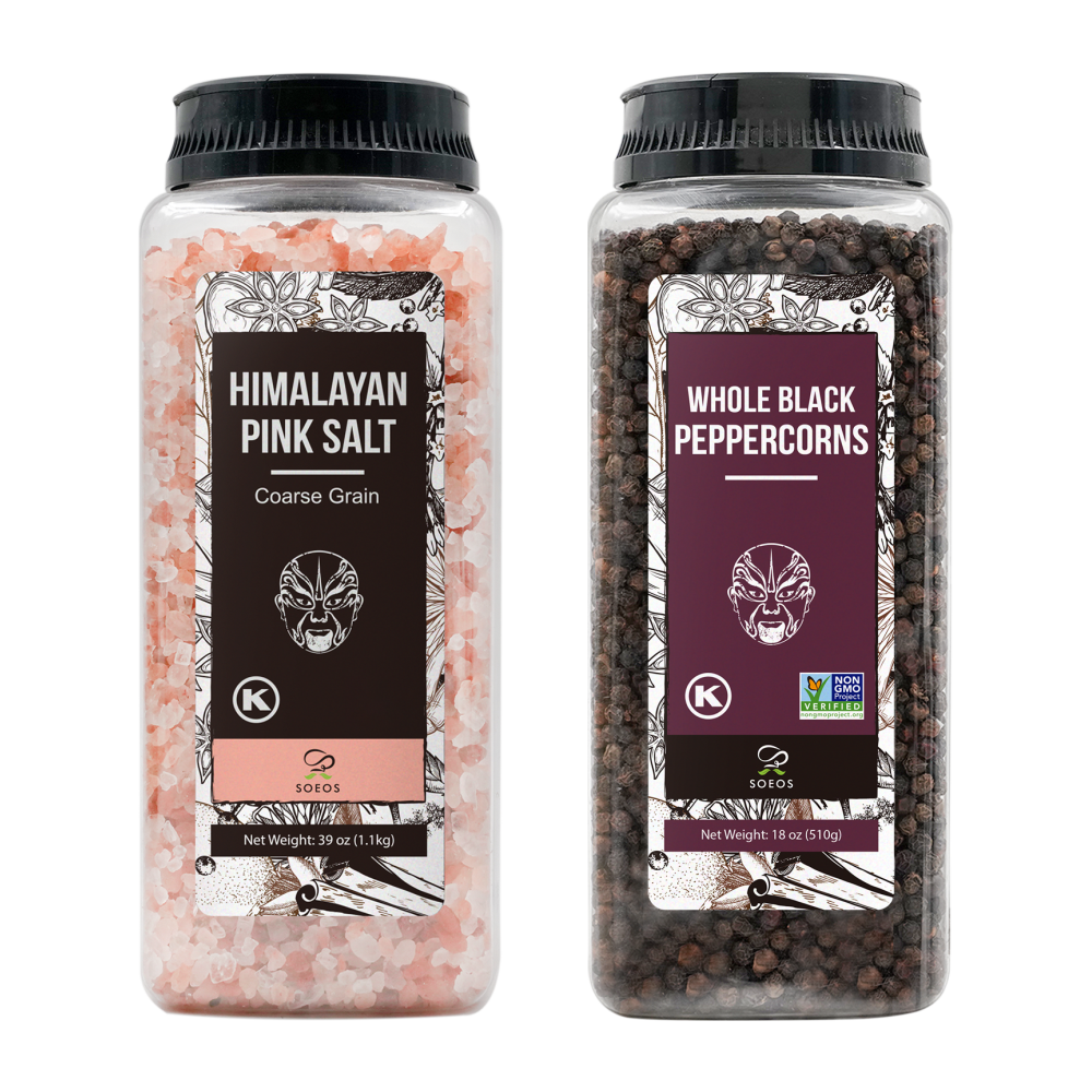 Himalayan Pink Salt 39 oz + Whole Black Peppercorns 18 oz