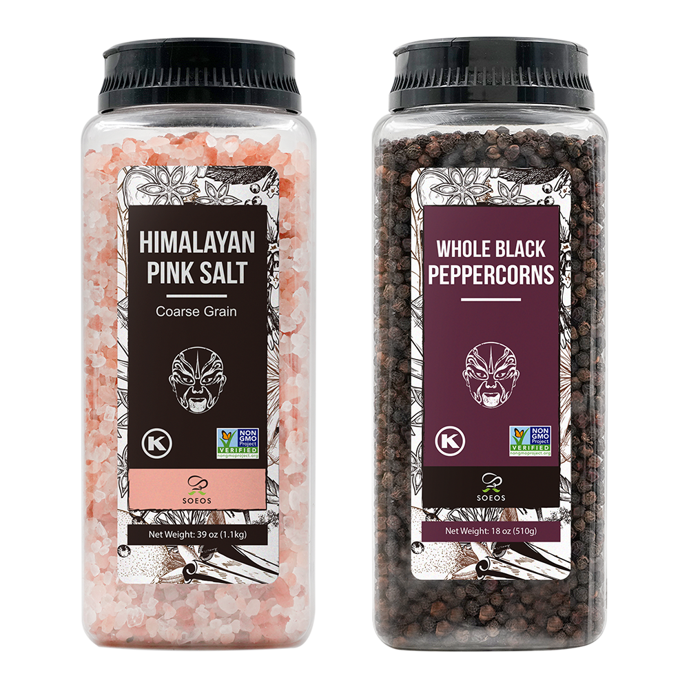 Himalayan Pink Salt 39 oz + Whole Black Peppercorns 18 oz