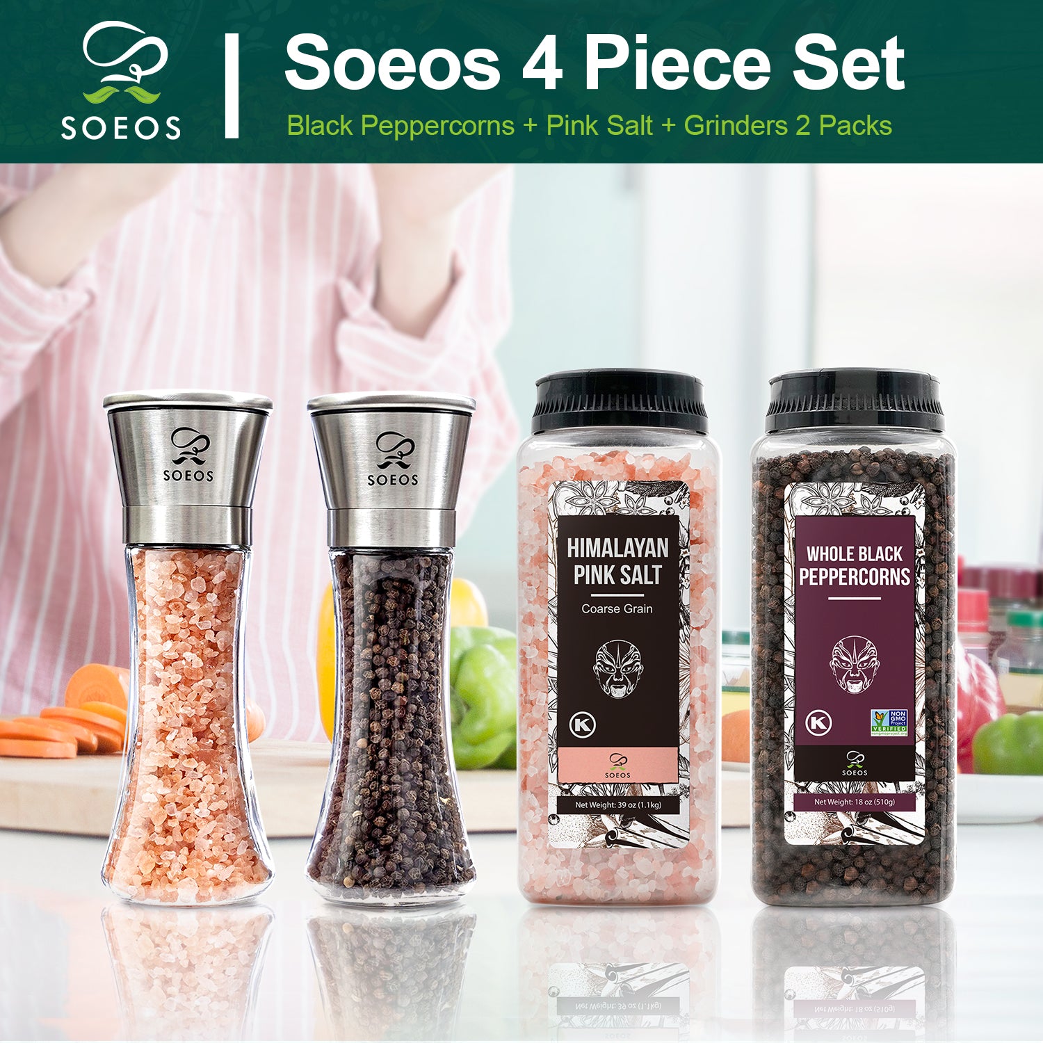 Himalayan Salt, 39 oz + Whole Black Peppercorns, 18 oz.
