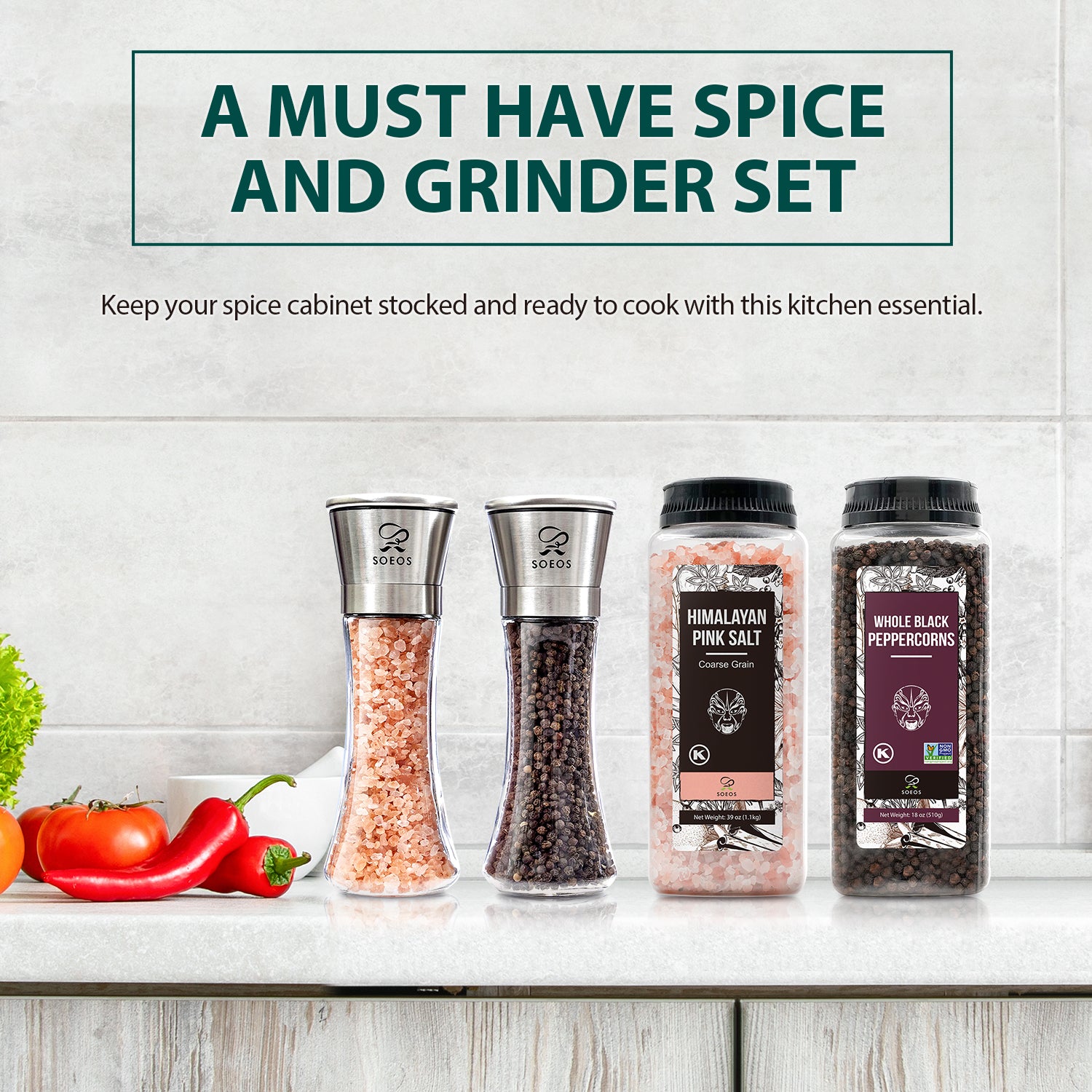 Himalayan Salt, 39 oz + Whole Black Peppercorns, 18 oz.