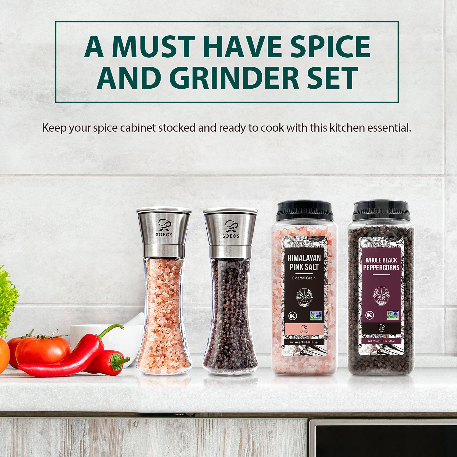 Himalayan Salt, 39 oz + Whole Black Peppercorns, 18 oz.