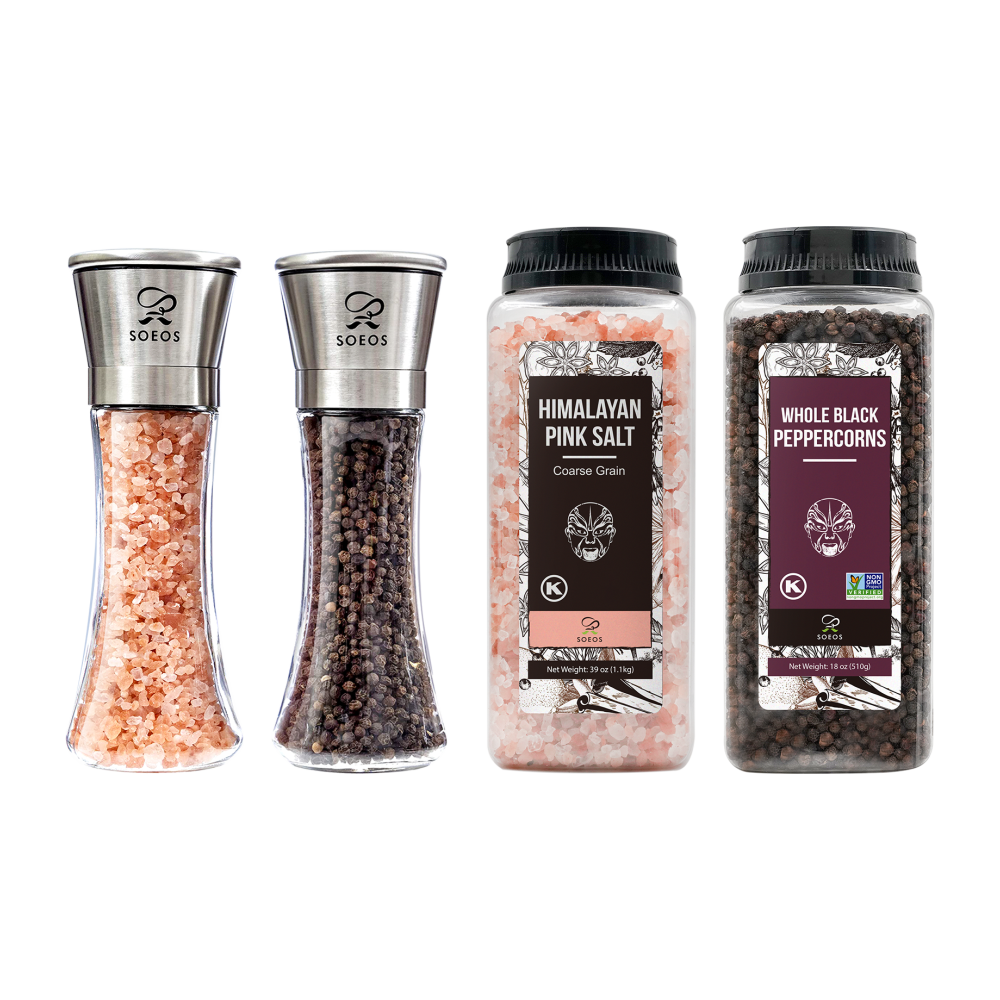 Himalayan Salt, 39 oz + Whole Black Peppercorns, 18 oz.
