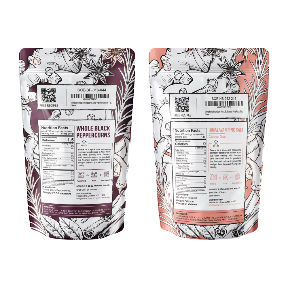 Whole Black Peppercorns 16 oz + Himalayan Pink Salt 2 lb - Case of 8