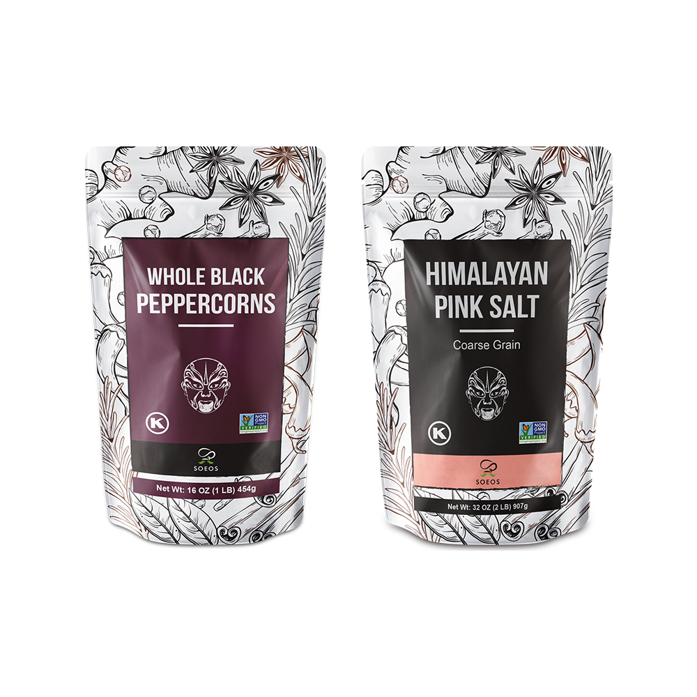 Soeos Himalayan Pink Salt 39 oz + Whole Black Peppercorns 18 oz
