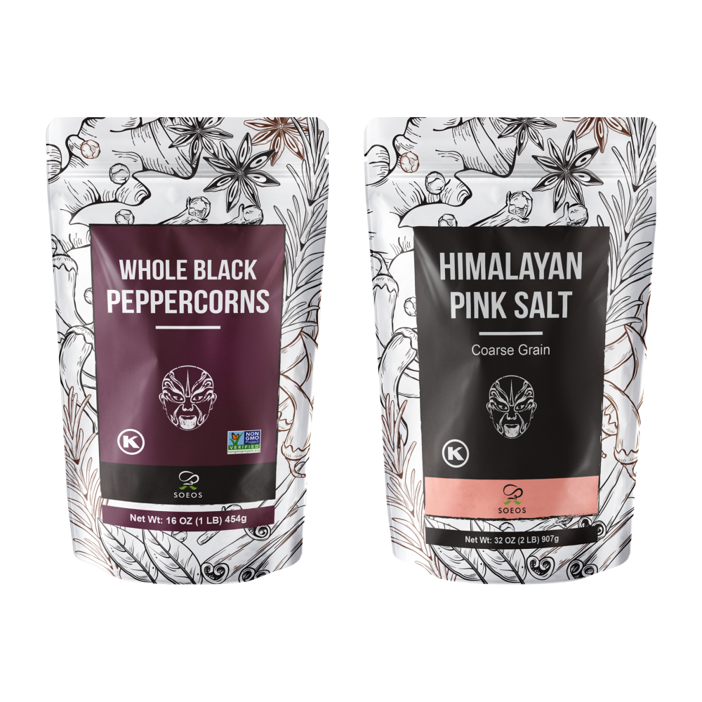 Whole Black Peppercorns 16 oz + Himalayan Pink Salt 2 lb - Case of 8