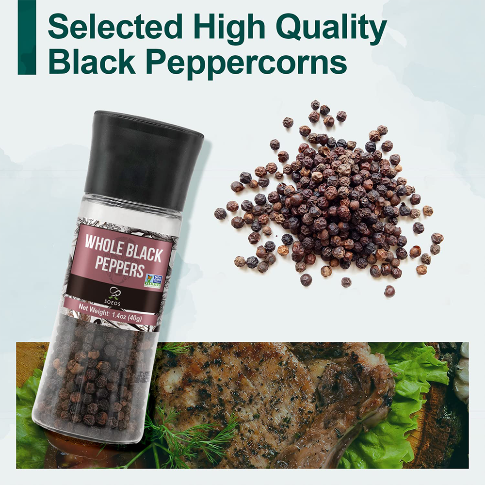 Soeos Whole Black Peppercorns 40g + White Sea Salt 100g (100ml Grinder, Plastic Bottle)