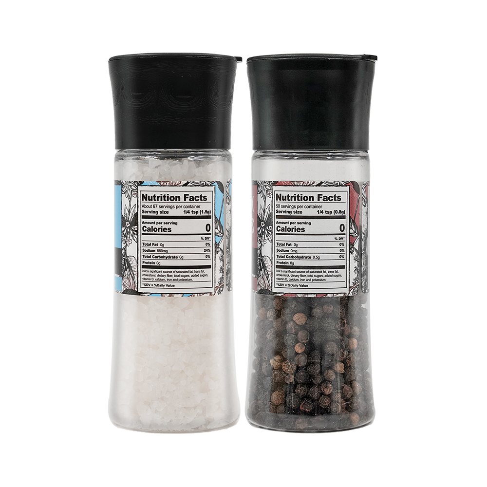 Soeos Whole Black Peppercorns 40g + White Sea Salt 100g (100ml Grinder, Plastic Bottle)