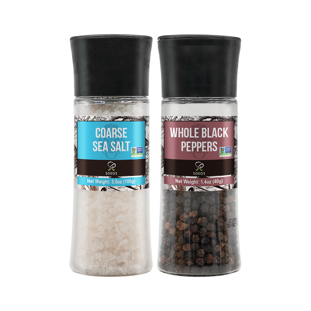 Soeos Whole Black Peppercorns 40g + White Sea Salt 100g (100ml Grinder, Plastic Bottle)