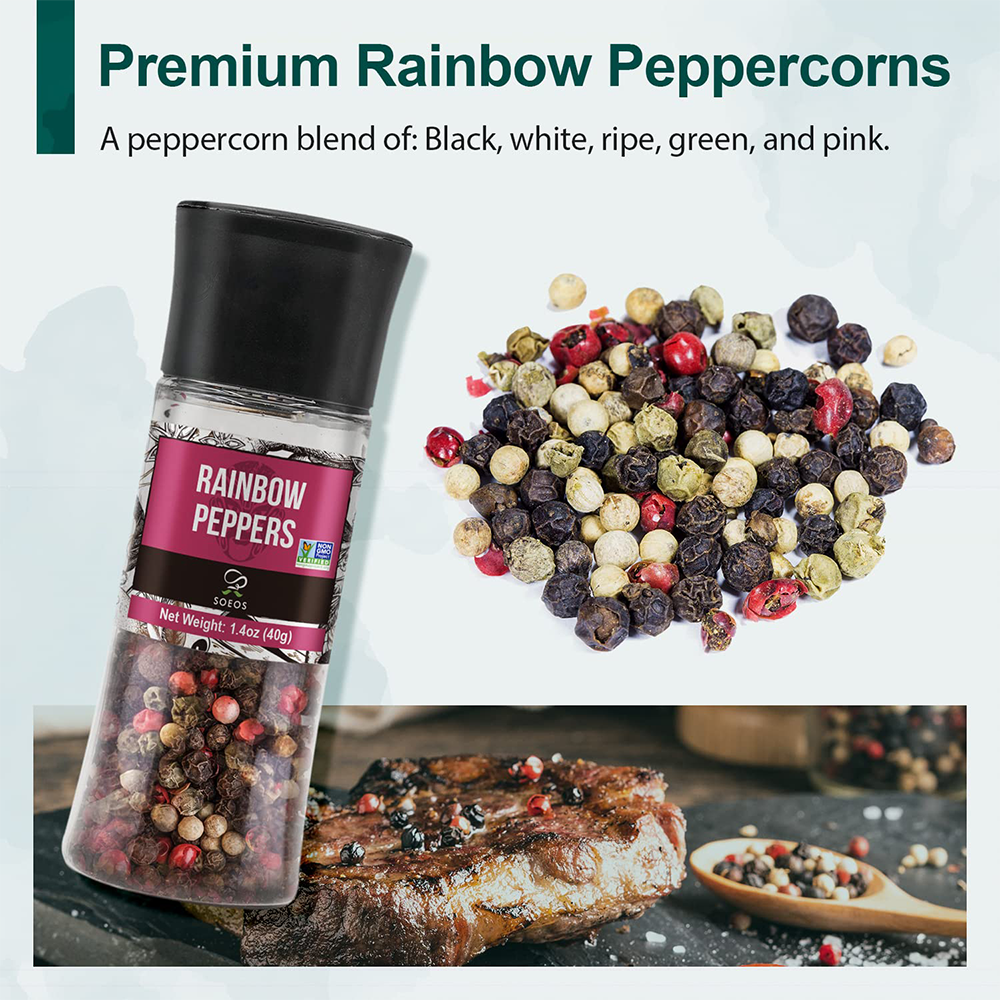 Soeos Rainbow Peppercorn Blend (Whole Black, White, Green and Pink) 1.4 oz and Himalayan Pink Salt (Coarse Grain) 3.5 oz, Plastic Bottle Grinders