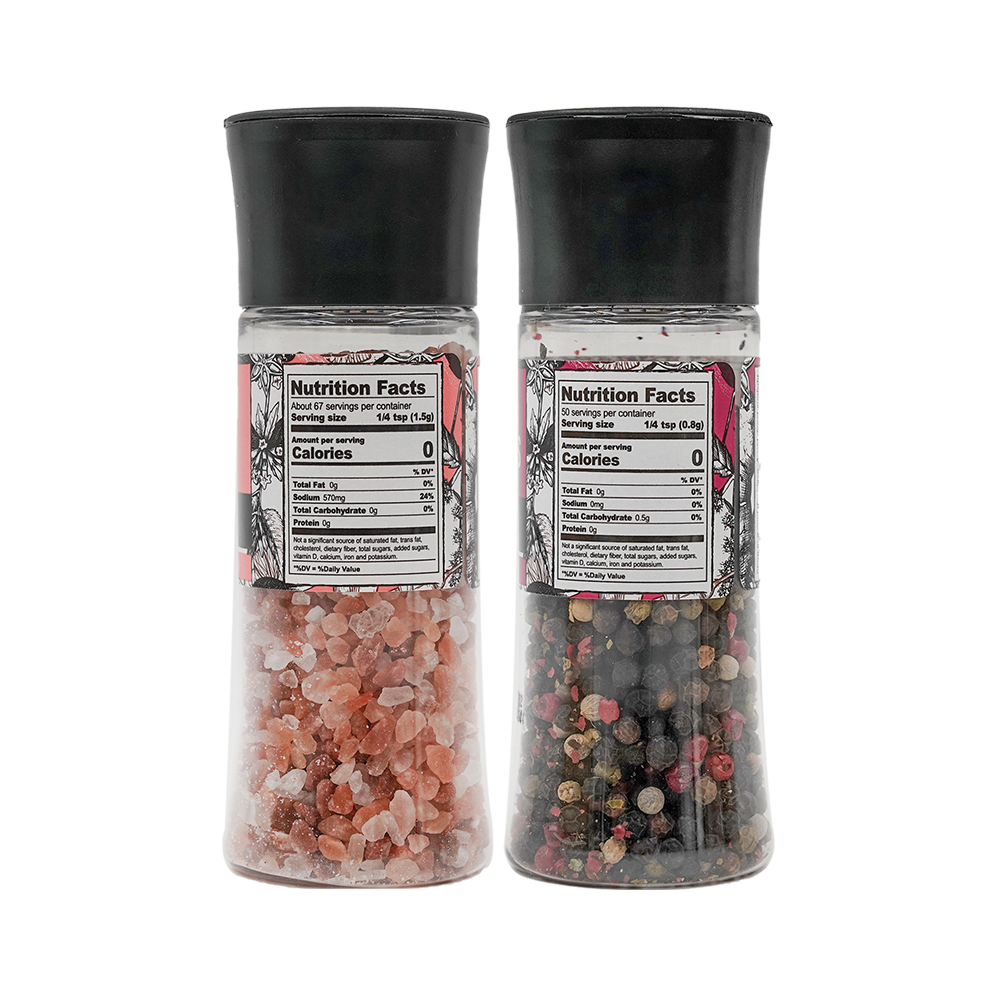 Soeos Rainbow Peppercorn Blend (Whole Black, White, Green and Pink) 1.4 oz and Himalayan Pink Salt (Coarse Grain) 3.5 oz, Plastic Bottle Grinders