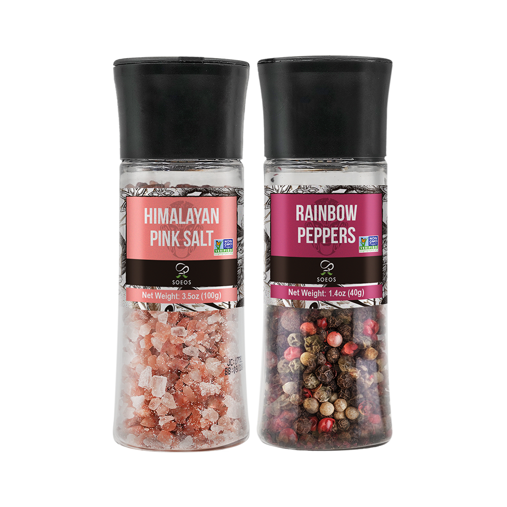 Soeos Rainbow Peppercorn Blend (Whole Black, White, Green and Pink) 1.4 oz and Himalayan Pink Salt (Coarse Grain) 3.5 oz, Plastic Bottle Grinders