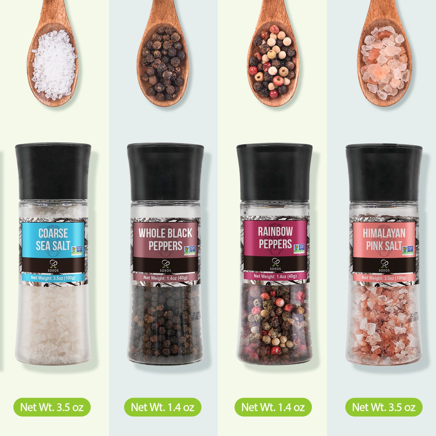 Black Peppercorns, 1.4oz+ White Sea Salt, 3.5oz + Rainbow Peppercorns, 1.4oz + Pink Salt, 3.5 oz