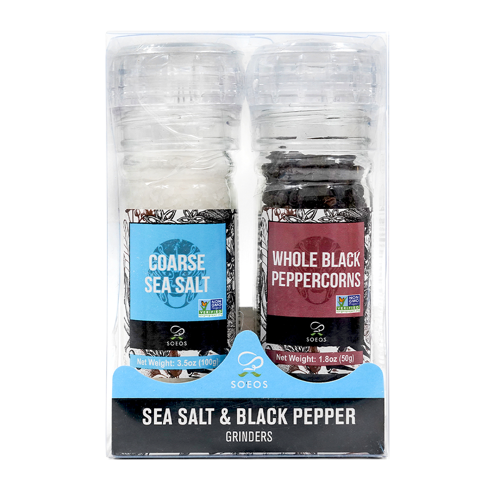 Soeos Black Peppercorns 50g + White Sea Salt 100g - Case of 12