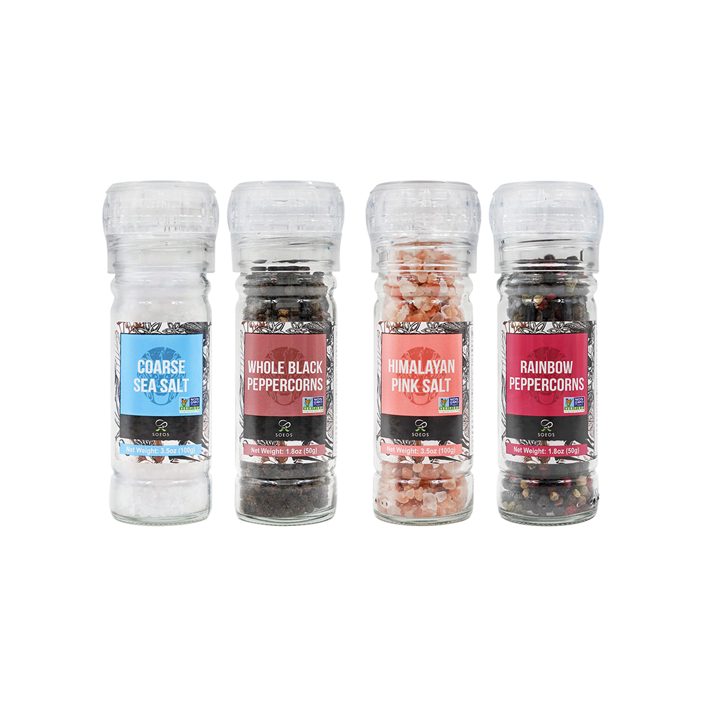 Soeos Black Peppercorns 50g + White Sea Salt 100g (100ml Grinders, Glass Bottle)