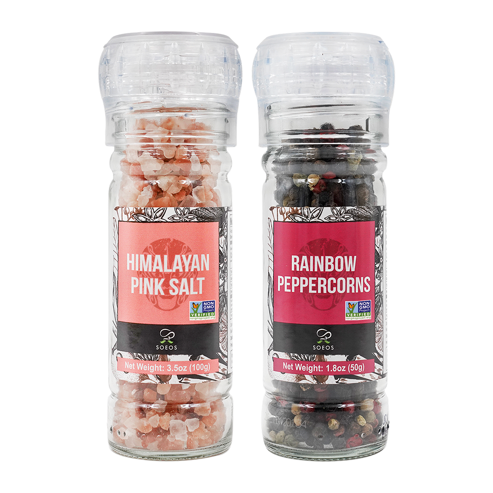 Rainbow Peppercorns 50g + Pink Salt 100g (100ml Grinders, Glass Bottle)