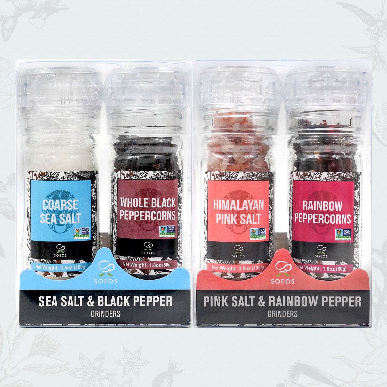 Coarse Sea Salt, 3.5oz+ Black Peppercorns, 1.8oz+ Pink Salt, 3.5oz + Rainbow Peppercorns, 1.8oz