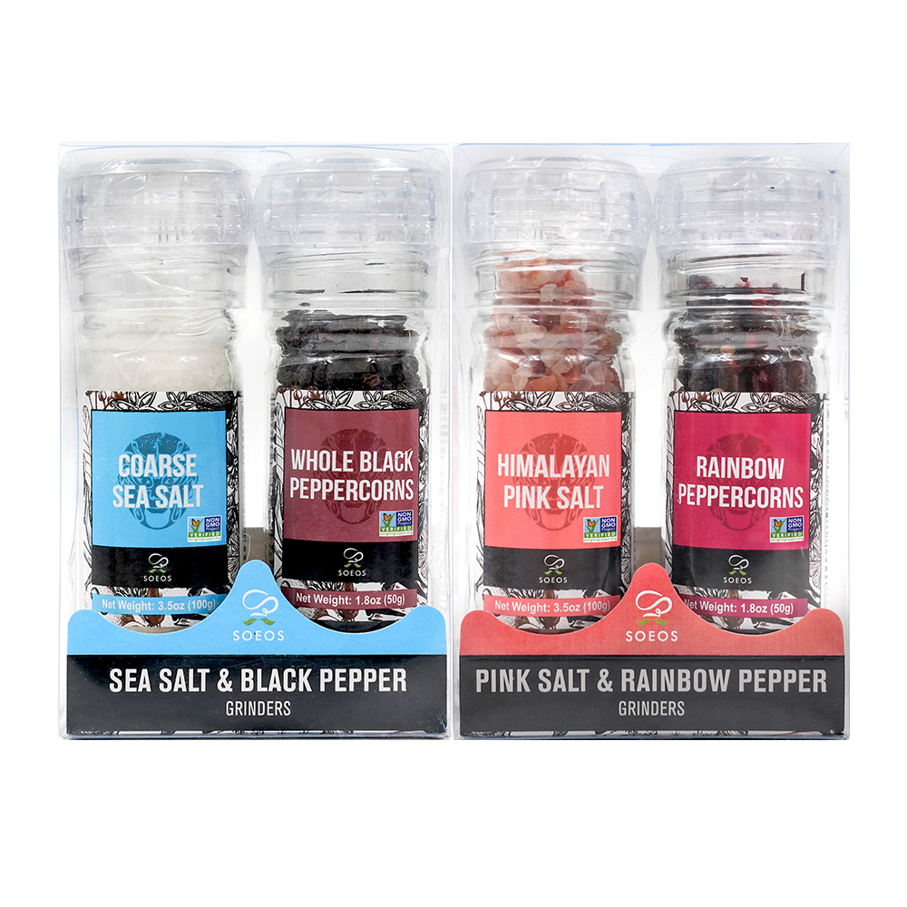 Black Peppercorns + White Sea Salt + Rainbow Peppercorns + Pink Salt, 10.6oz (300.50g) - Case of 6