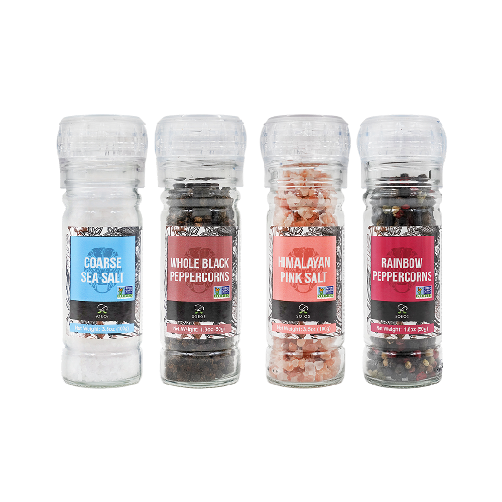 Black Peppercorns + White Sea Salt + Rainbow Peppercorns + Pink Salt, 10.6oz (300.50g) - Case of 6
