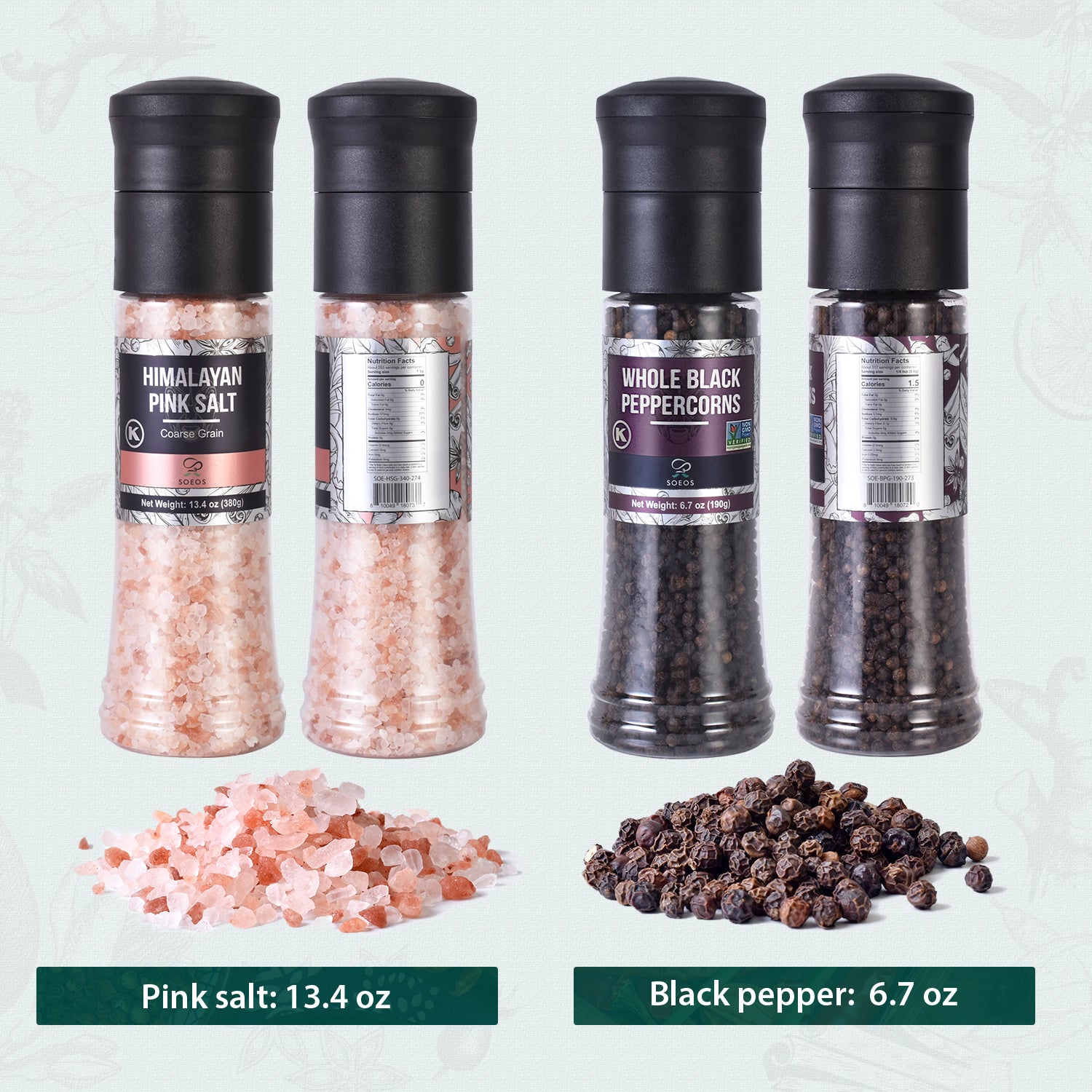 Whole Black Peppercorns 190g and Himalayan Pink Salt 380g