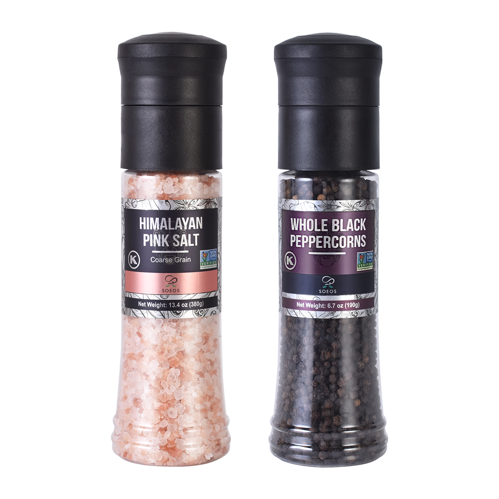 Soeos Whole Black Peppercorns 190g and Himalayan Pink Salt 380g, Plastic Bottle Grinder with Spice