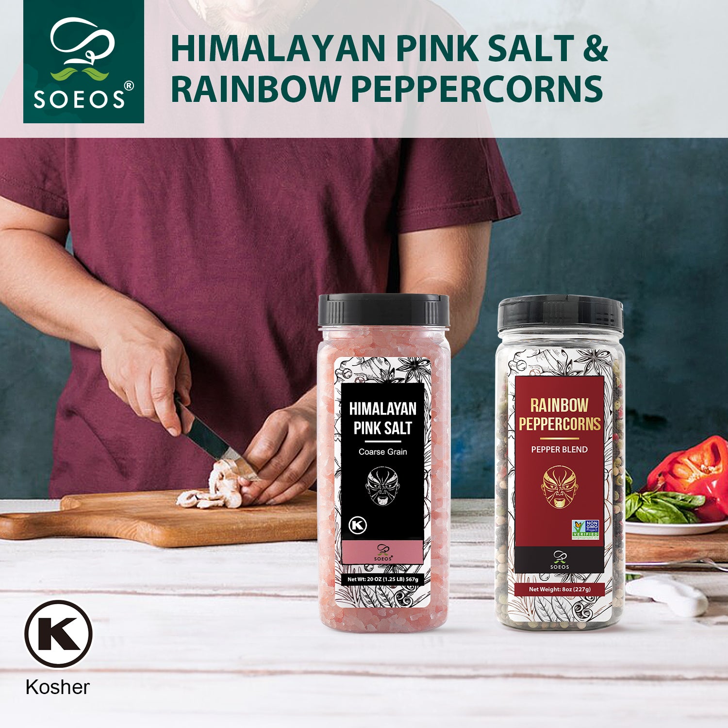 Himalayan Pink Salt 18oz + Rainbow Peppercorns 8oz.
