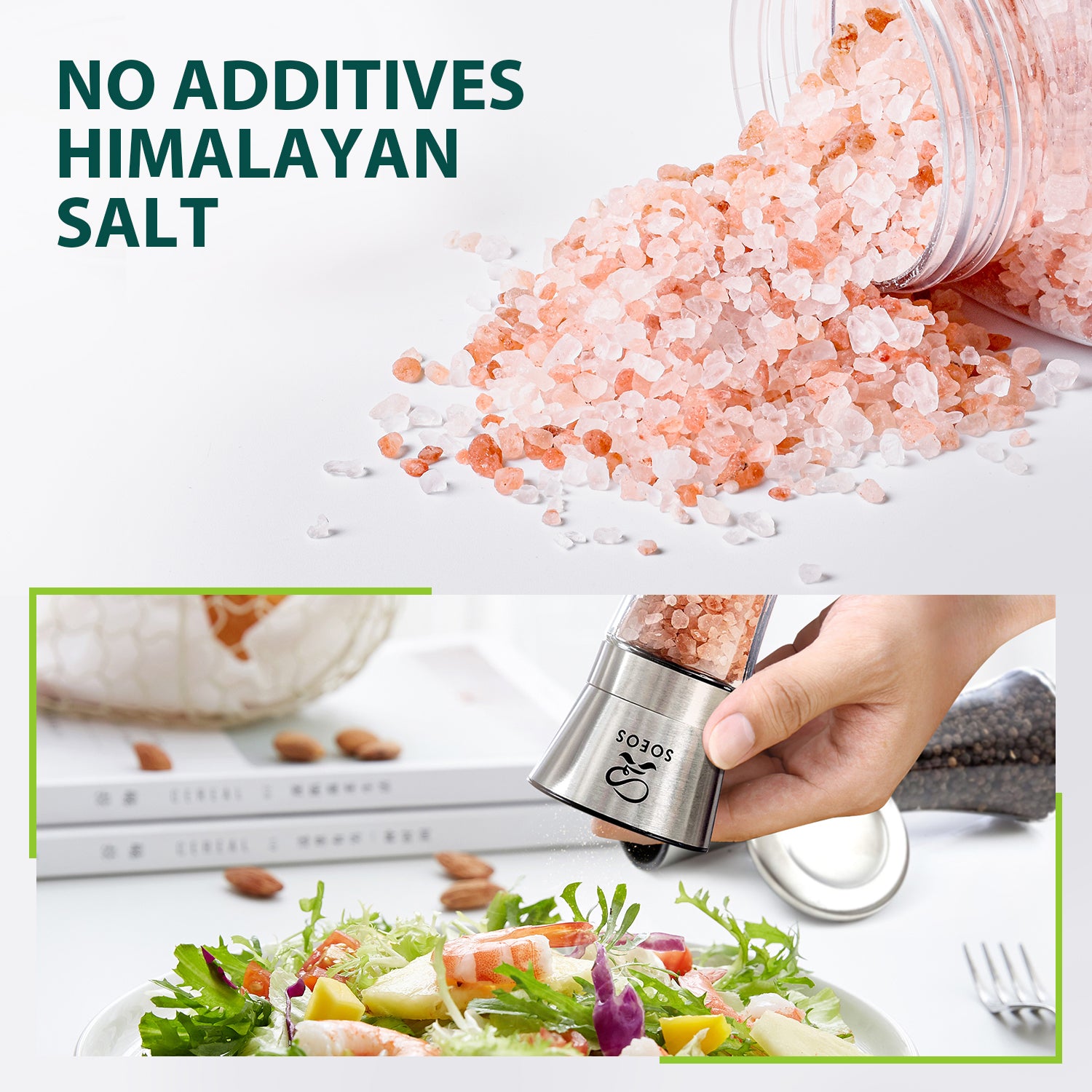 Himalayan Pink Salt 18oz + Rainbow Peppercorns 8oz.