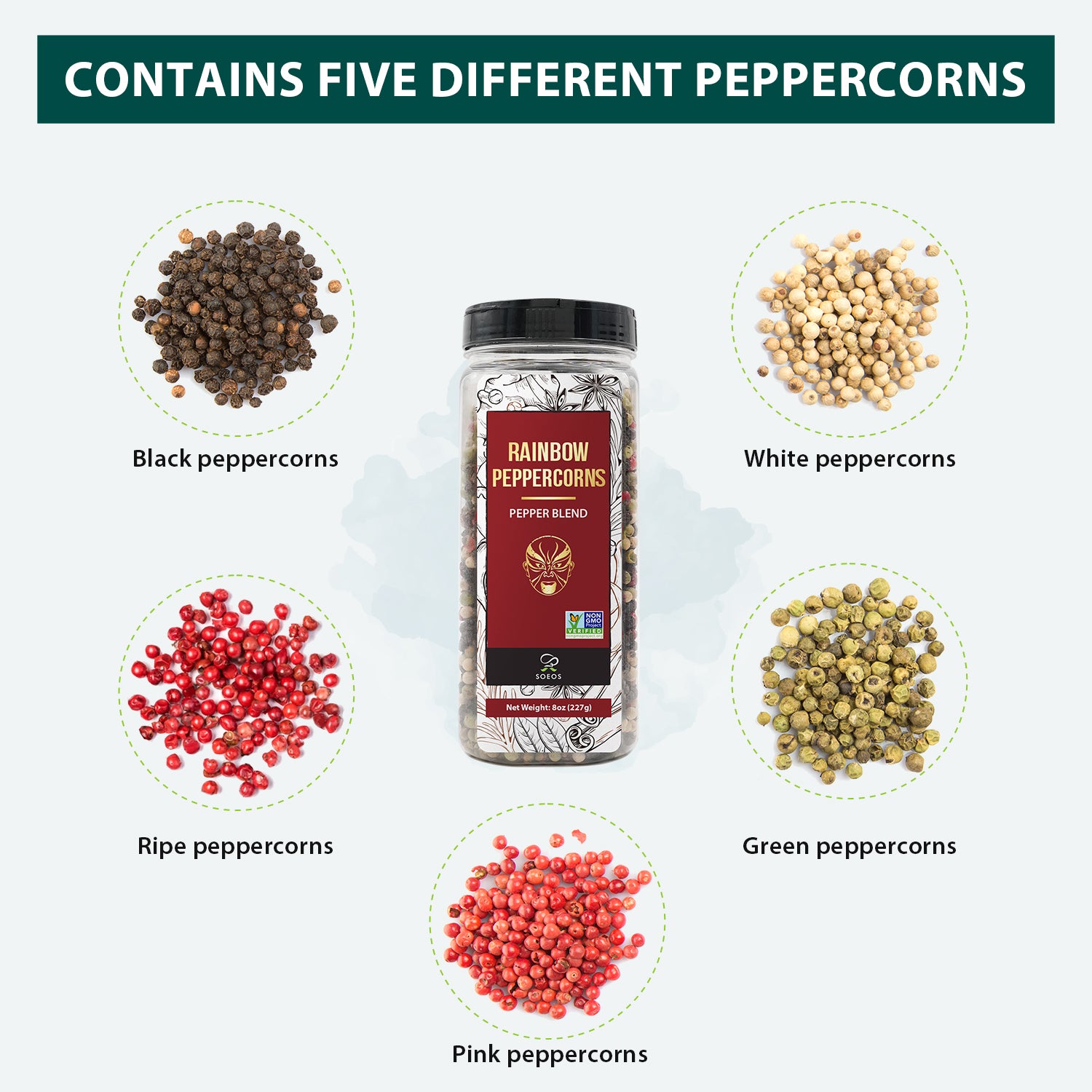 Himalayan Pink Salt 18oz + Rainbow Peppercorns 8oz.