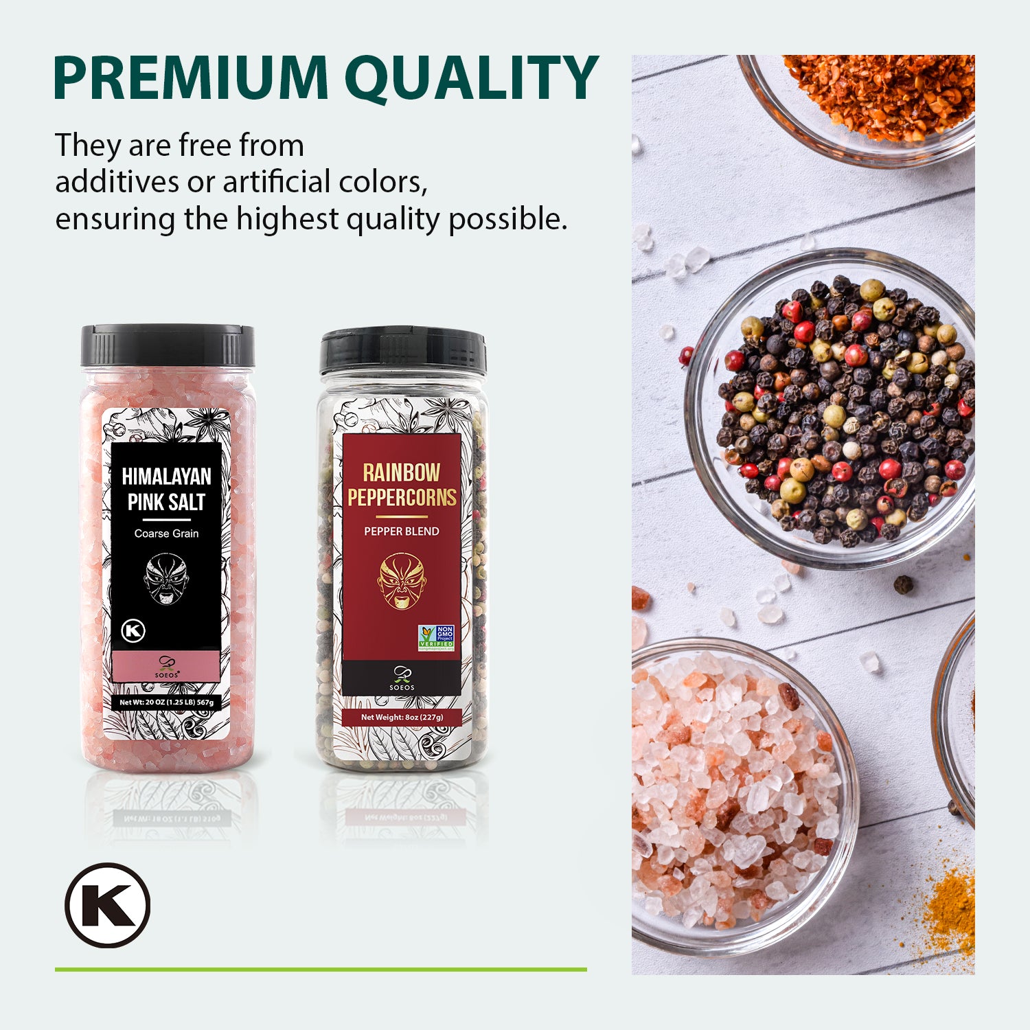 Himalayan Pink Salt 18oz + Rainbow Peppercorns 8oz.