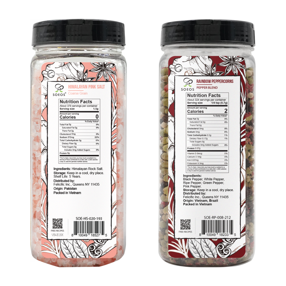 Himalayan Pink Salt 18oz + Rainbow Peppercorns 8oz.