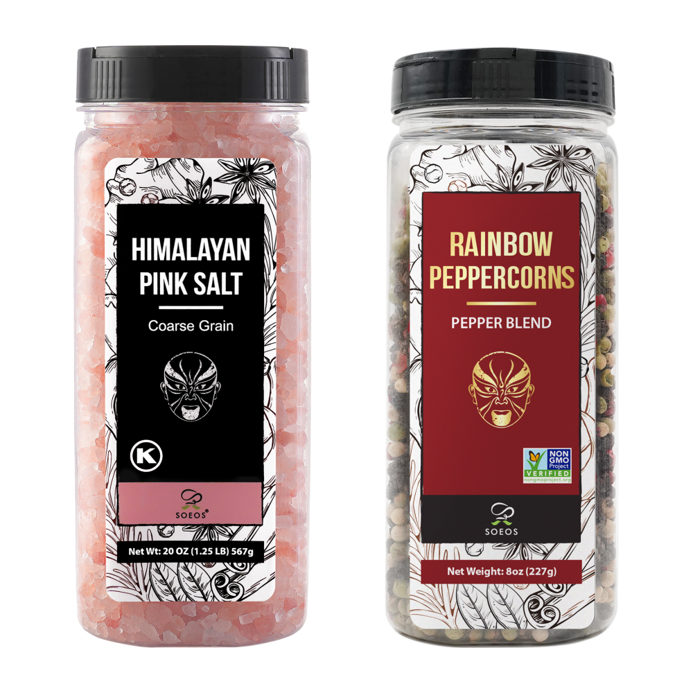 Himalayan Pink Salt 18oz + Rainbow Peppercorns 8oz.
