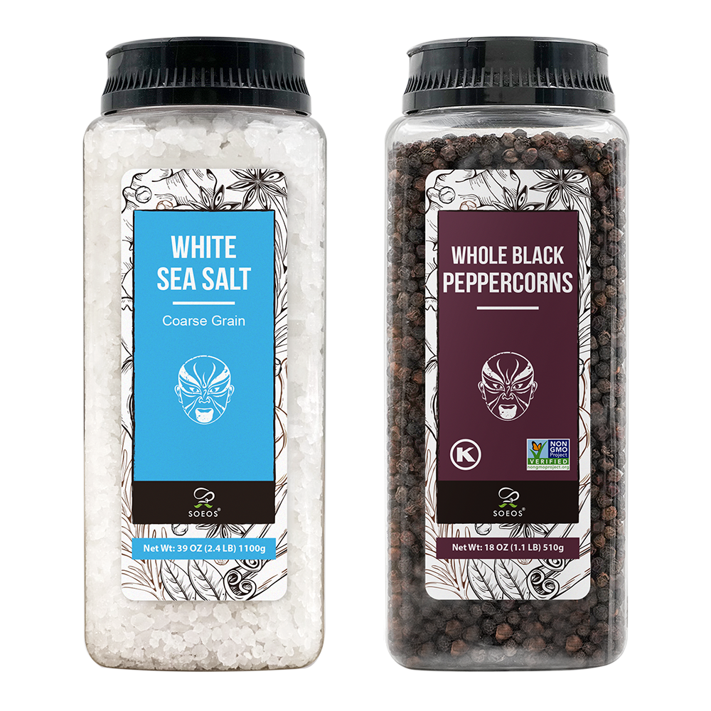 Himalayan White Salt, 39 oz (2.4 lb) + Whole Black Peppercorns, 18oz (1.1 lb)