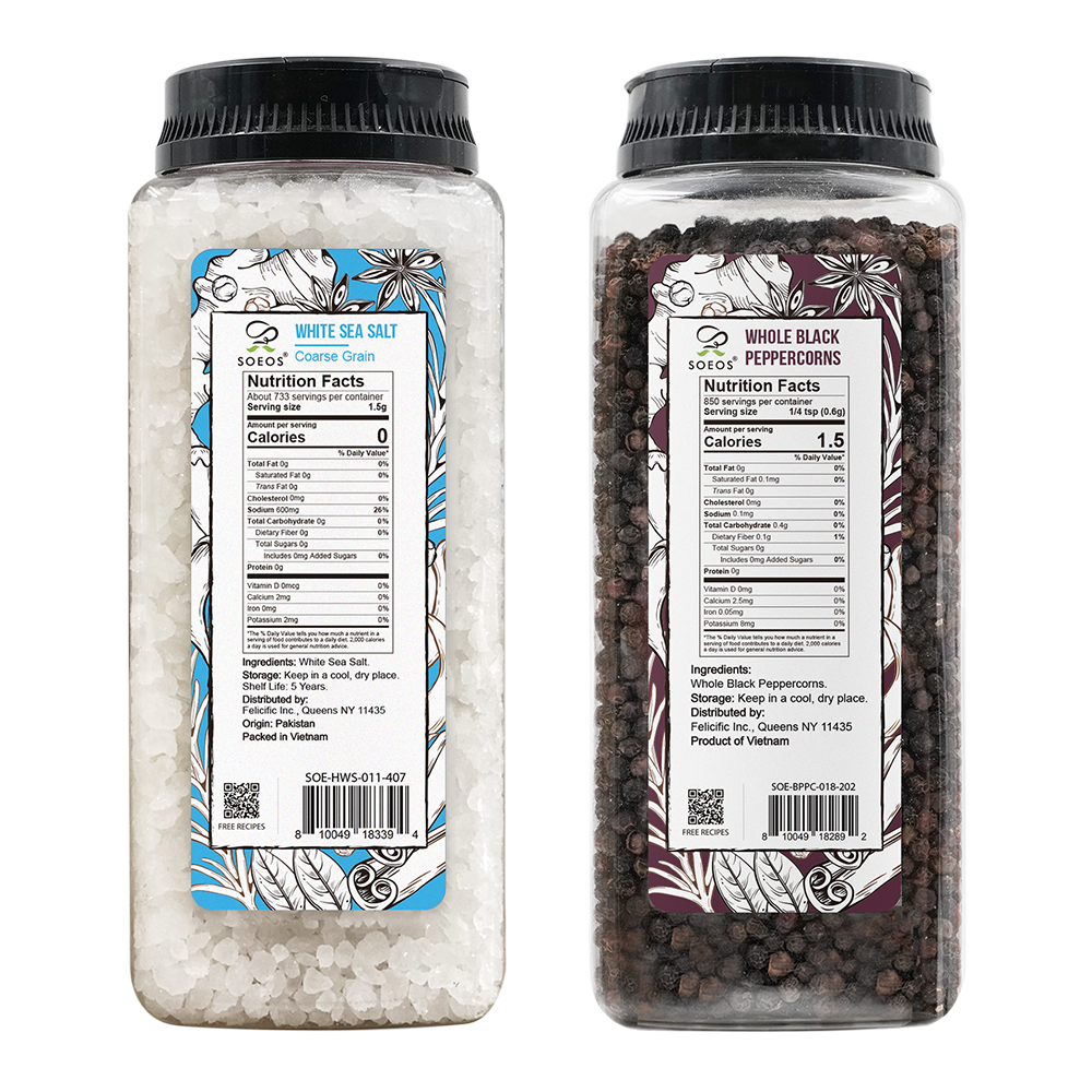 Himalayan White Salt, 39 oz (2.4 lb) + Whole Black Peppercorns, 18oz (1.1 lb)
