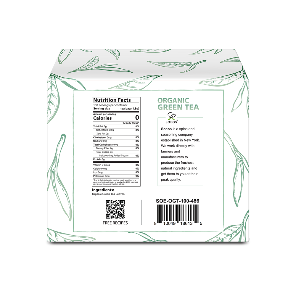 Soeos Organic Green Tea 6.3oz, 100 Tea Bags, Low Caffeine, Fresh and Healthy Drink