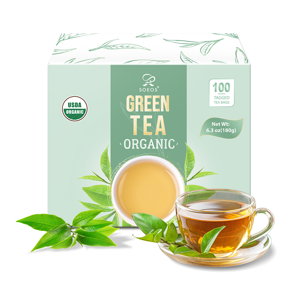 Soeos Organic Green Tea 6.3oz, 100 Tea Bags, Low Caffeine, Fresh and Healthy Drink