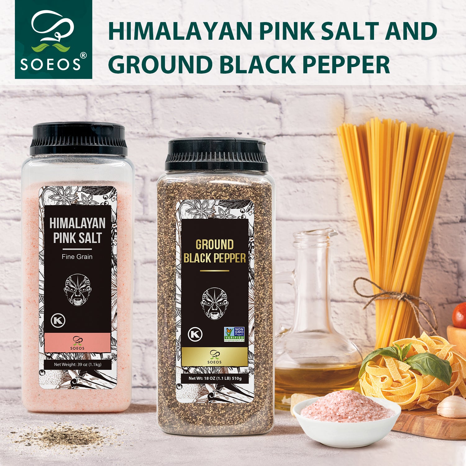 Himalayan Pink Salt, Fine Grain, 39 oz + Ground Black Pepper, 18 oz.