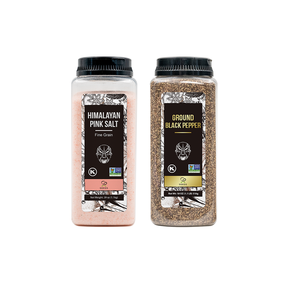 Himalayan Pink Salt, Fine Grain, 39 oz + Ground Black Pepper, 18 oz.