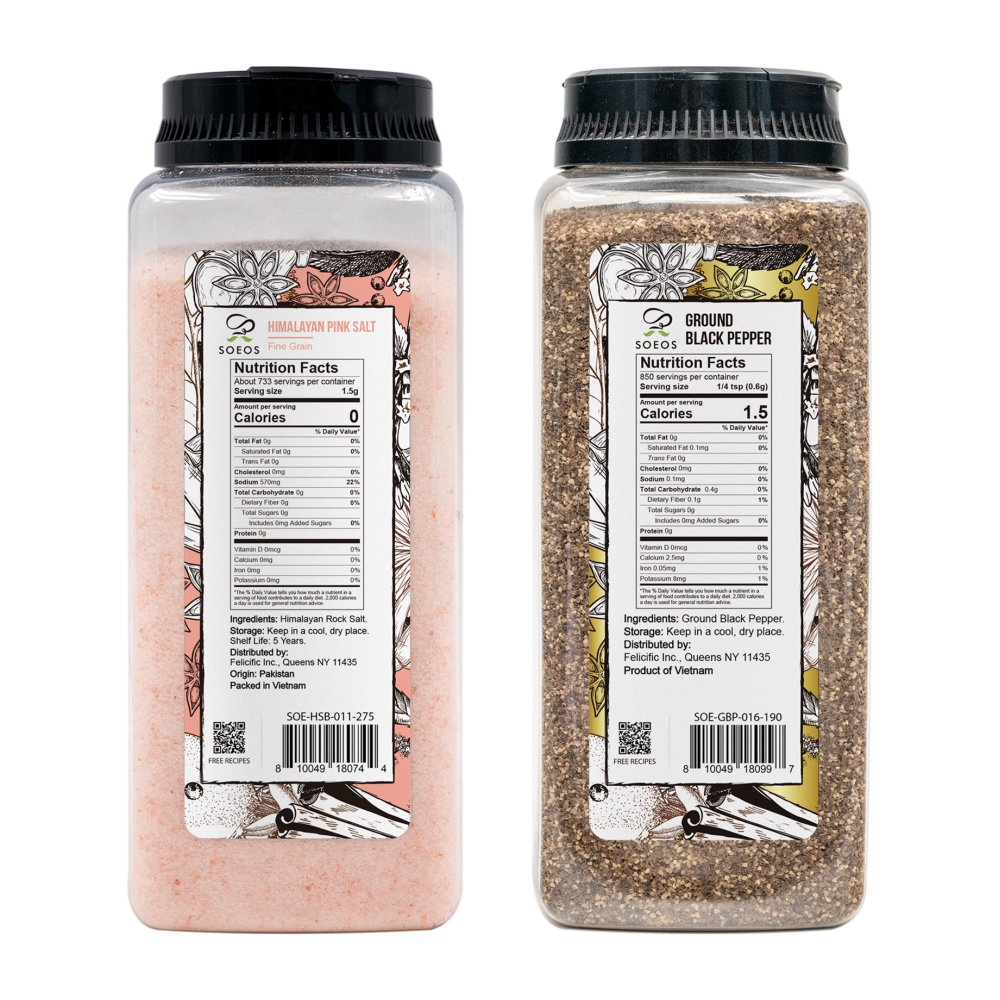 Himalayan Pink Salt, Fine Grain, 39 oz + Ground Black Pepper, 18 oz.