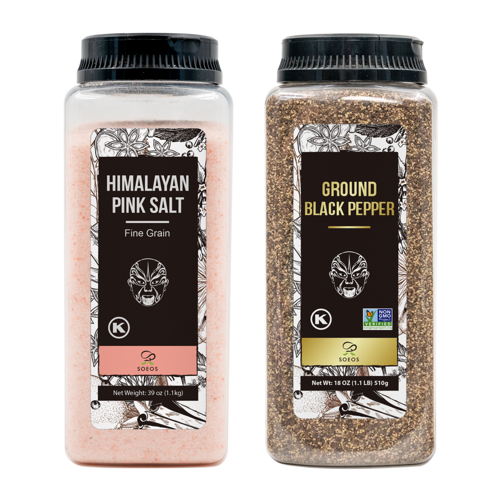 Himalayan Pink Salt, Fine Grain, 39 oz + Ground Black Pepper, 18 oz.