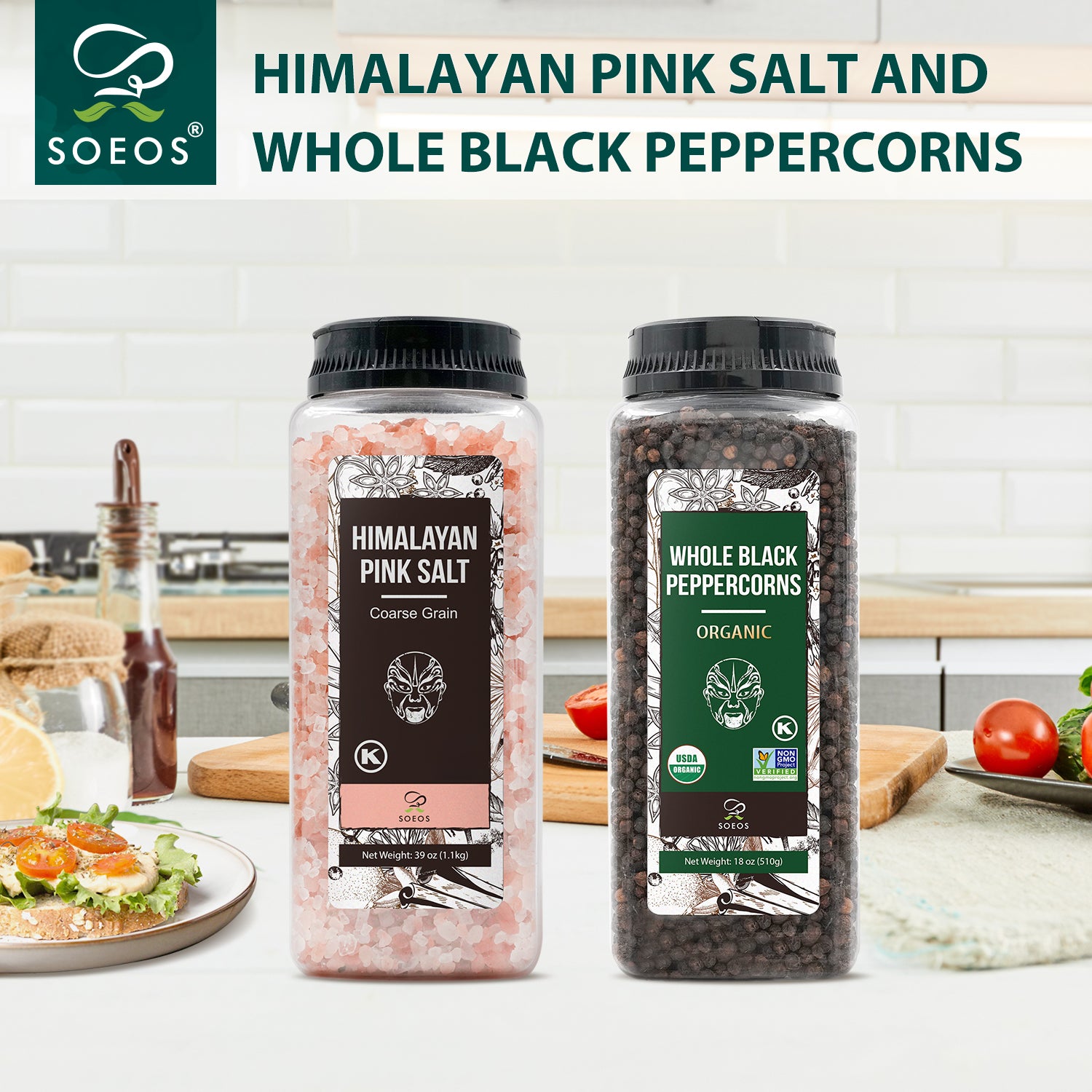 Himalayan Pink Salt, Coarse Grain, 39 oz (1.1 kg) + Organic Whole Black Peppercorns, 18 oz (510g)