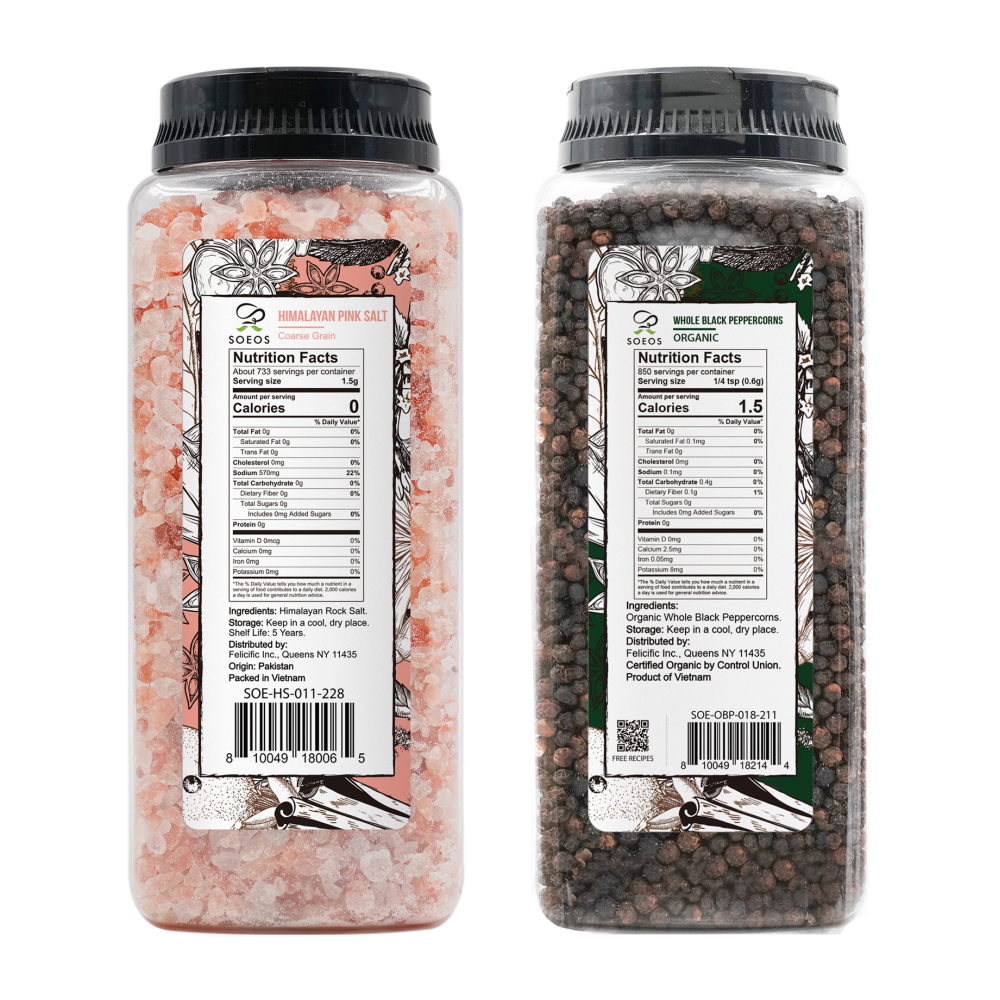 Himalayan Pink Salt, Coarse Grain, 39 oz (1.1 kg) + Organic Whole Black Peppercorns, 18 oz (510g)
