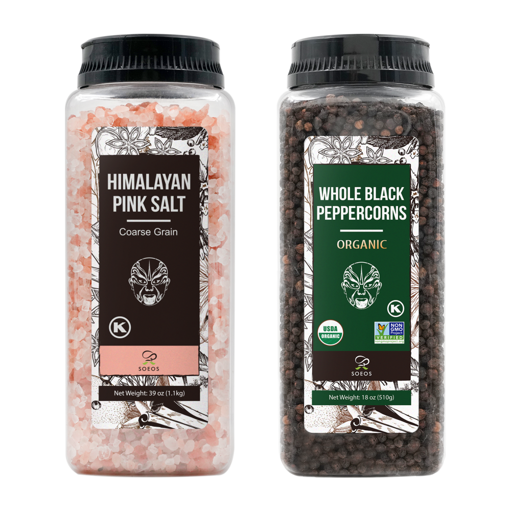 Himalayan Pink Salt, Coarse Grain, 39 oz (1.1 kg) + Organic Whole Black Peppercorns, 18 oz (510g)