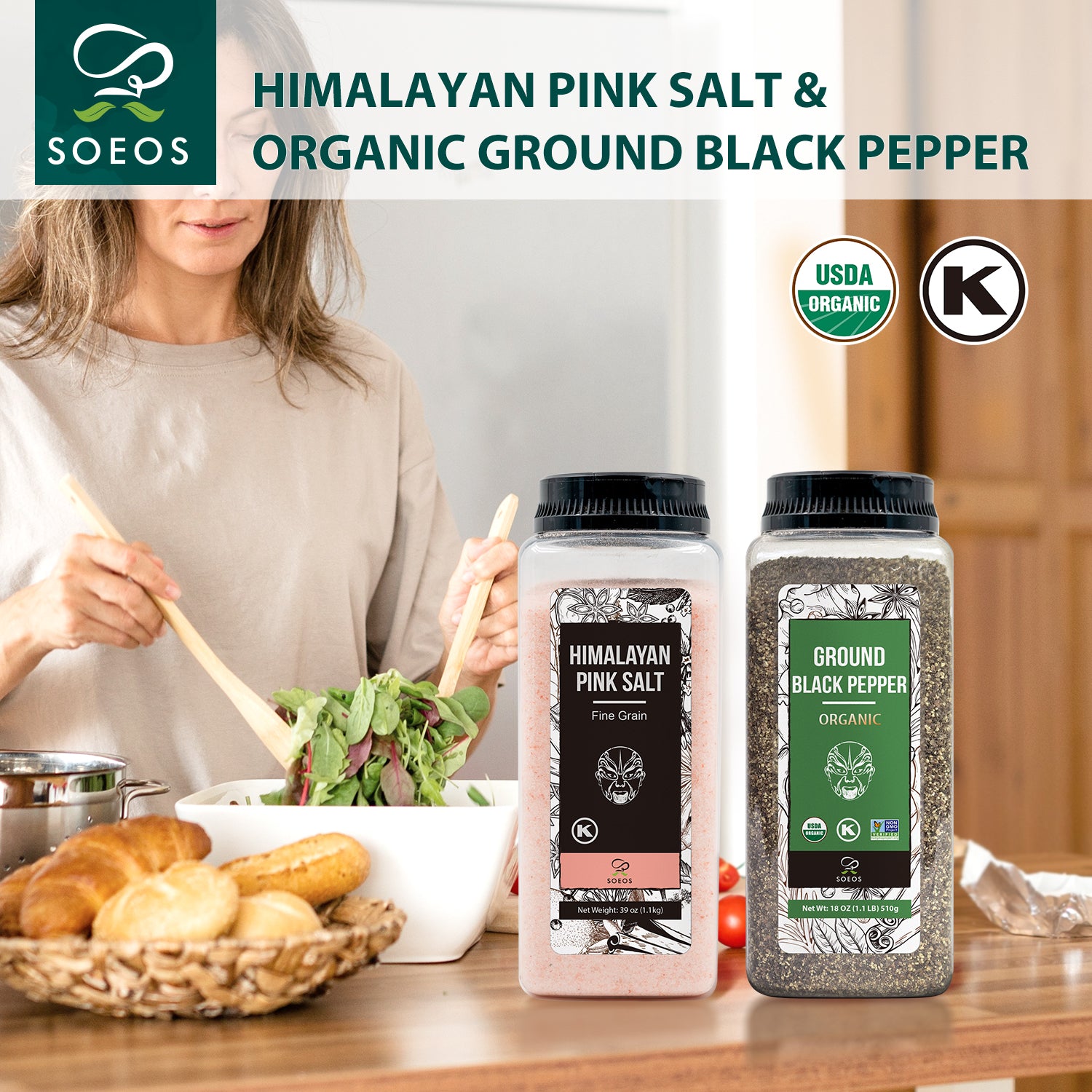 Himalayan Pink Salt, Fine Grain, 39 oz (1.1 kg) + Organic Whole Black Peppercorns, 18 oz (510g)